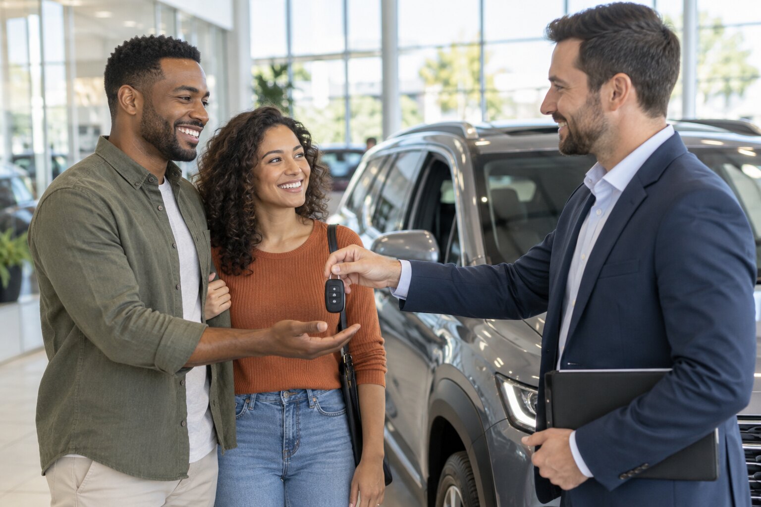 Happy customers receiving the keys to their new vehicle