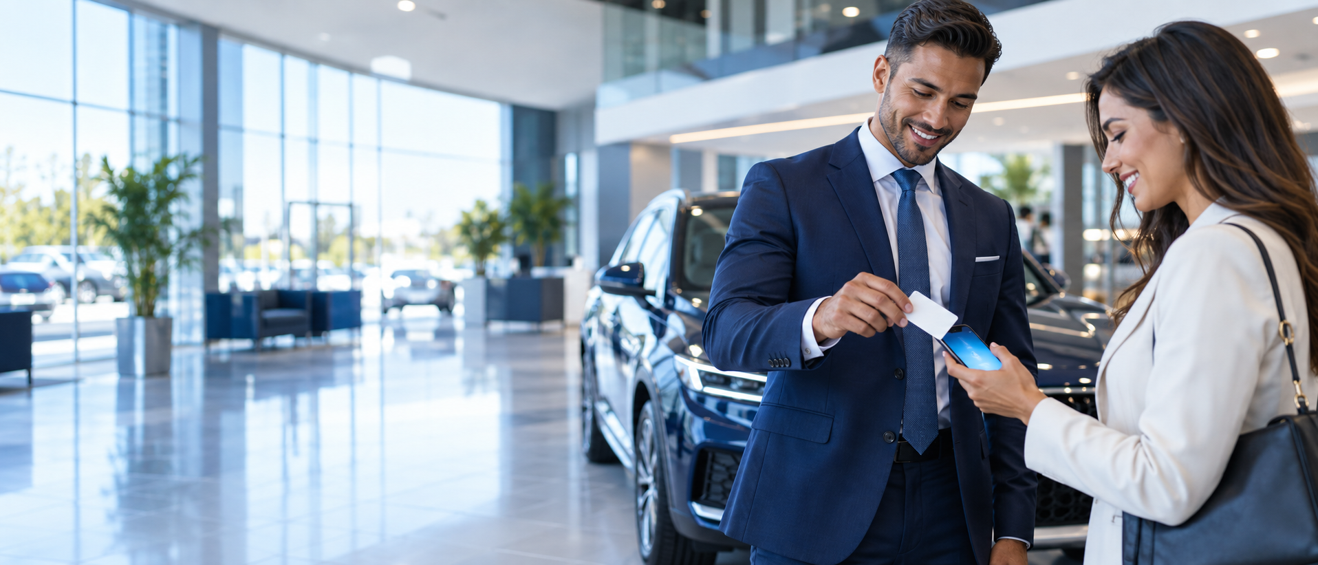 Automotive sales professional sharing an NFC business card